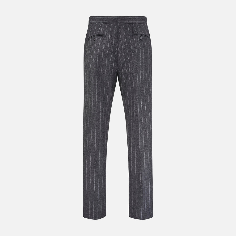 The Charcoal Pinstripe Henry Trousers by Turnbull & Asser feature white vertical stripes, a button and zip closure, belt loops, and side pockets, shown against a plain white background.