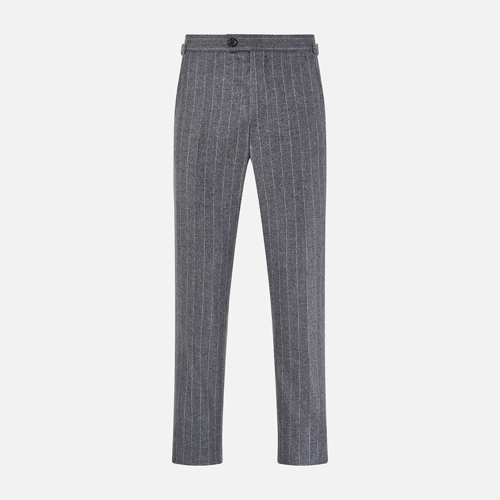 The Turnbull & Asser Grey Pinstripe Henry Trousers feature a tailored fit, white vertical stripes, button closure, and belt loops, displayed on a plain white background.
