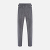 View 3 of product The Turnbull & Asser Grey Pinstripe Henry Trousers feature a tailored fit, white vertical stripes, button closure, and belt loops, displayed on a plain white background.