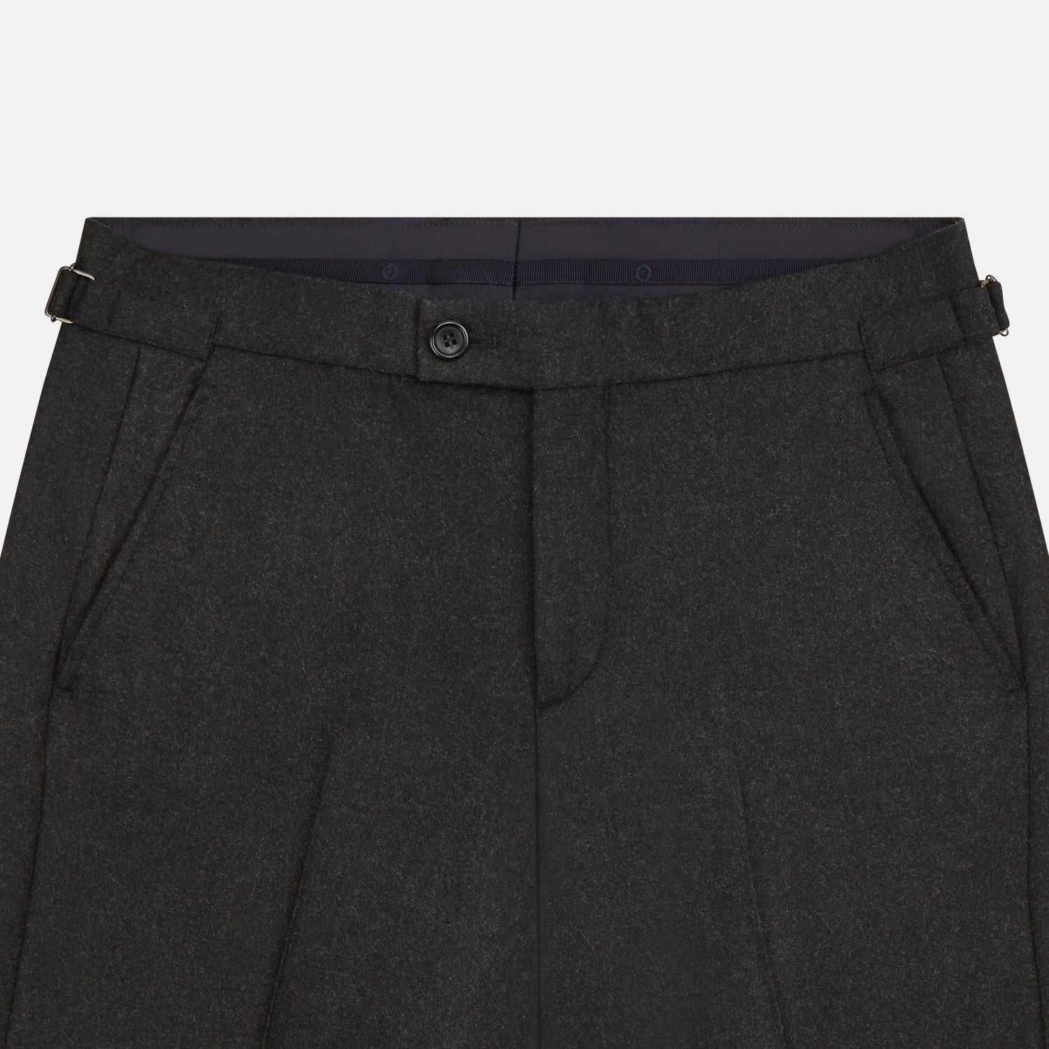 View 2 of product Turnbull & Asser’s Charcoal Henry Trousers, crafted from a wool-cashmere blend with button and zip closure, belt loops, and side pockets, are shown laid flat on a white background.