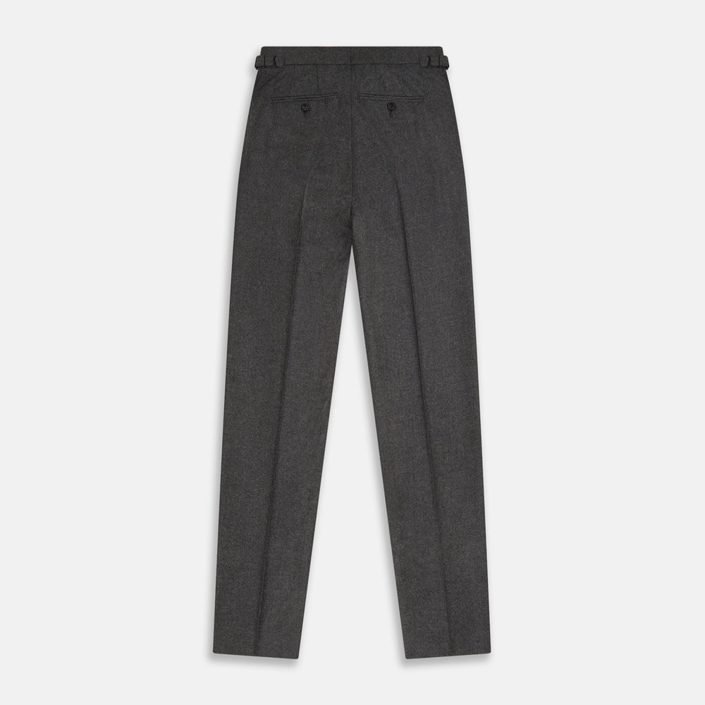 Turnbull & Asser Grey Henry Trousers—luxurious wool-cashmere blend with button and zipper closure, front pleats, side pockets, and straight legs—shown on a white background.