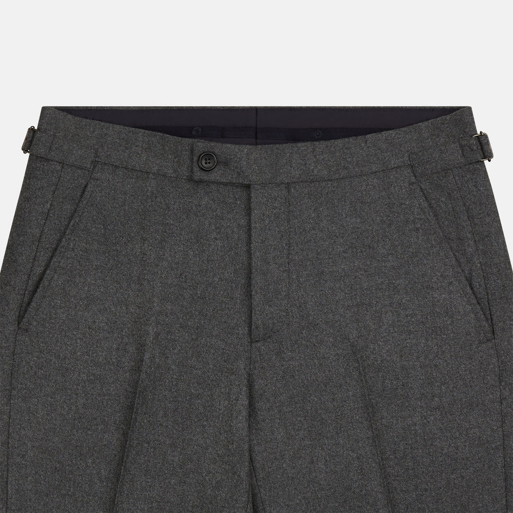 Turnbull & Asser Grey Henry Trousers—luxurious wool-cashmere blend with button and zipper closure, front pleats, side pockets, and straight legs—shown on a white background.