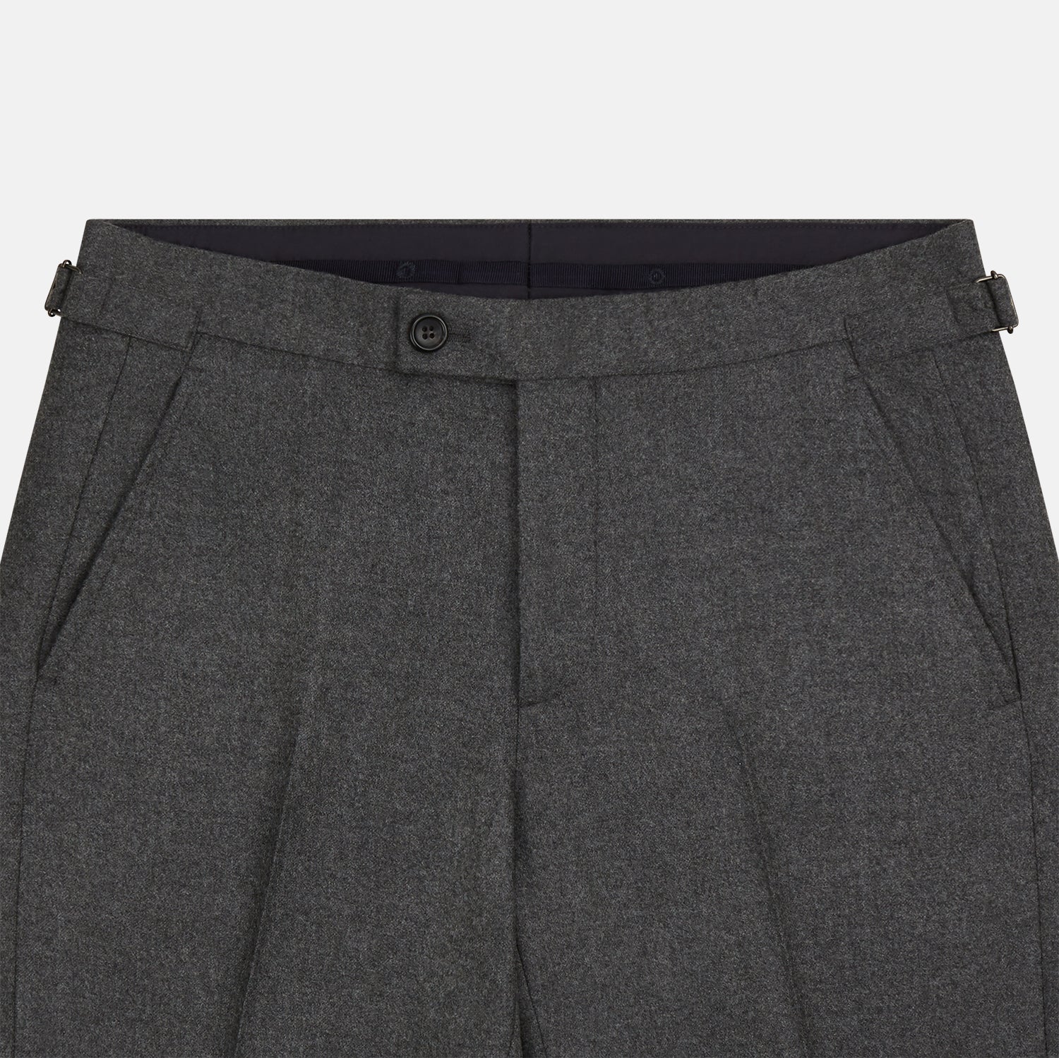 View 2 of product Turnbull & Asser Grey Henry Trousers—luxurious wool-cashmere blend with button and zipper closure, front pleats, side pockets, and straight legs—shown on a white background.