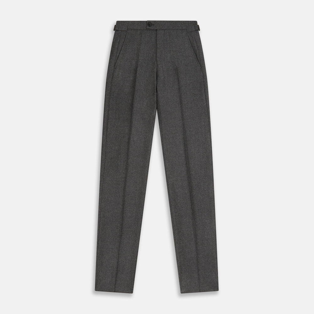 Turnbull & Asser Grey Henry Trousers—luxurious wool-cashmere blend with button and zipper closure, front pleats, side pockets, and straight legs—shown on a white background.