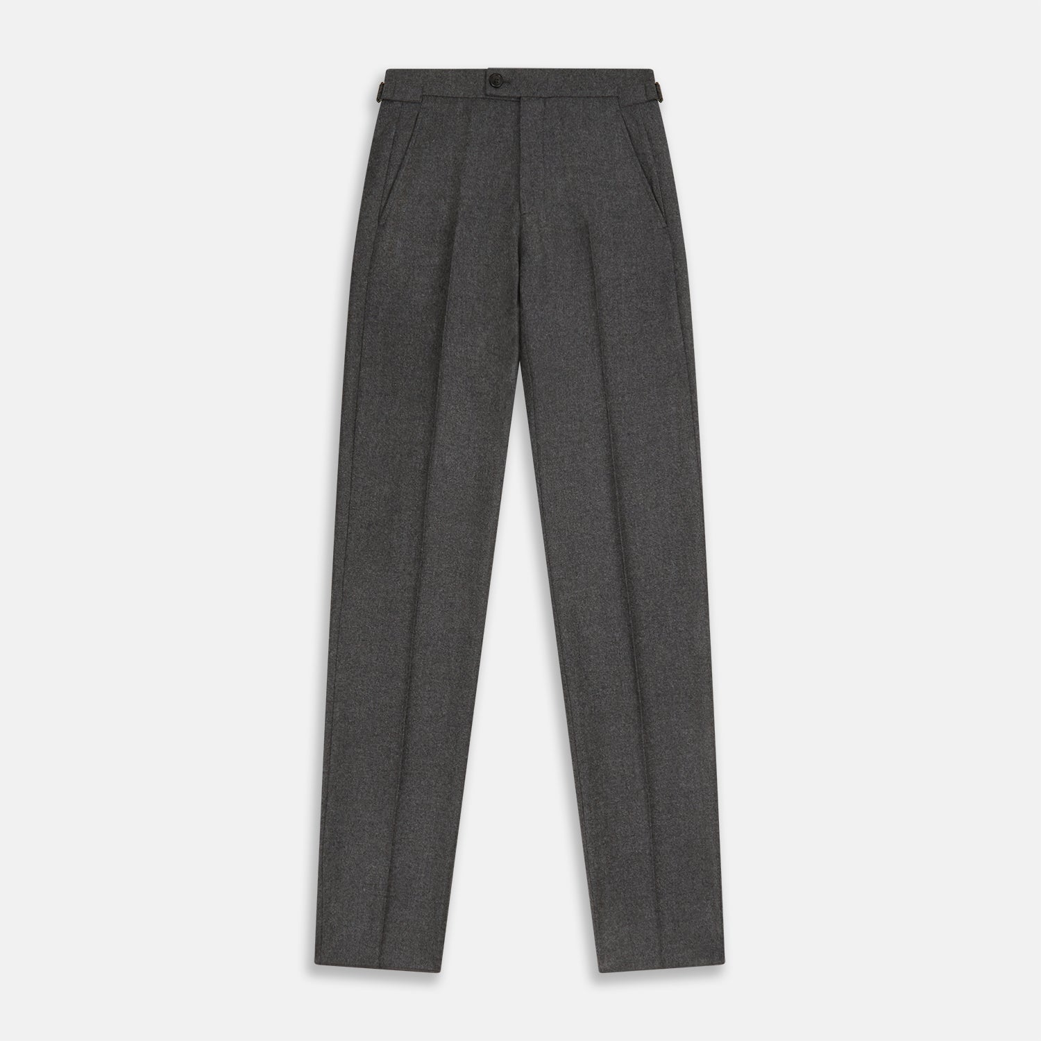 View 1 of product Turnbull & Asser Grey Henry Trousers—luxurious wool-cashmere blend with button and zipper closure, front pleats, side pockets, and straight legs—shown on a white background.
