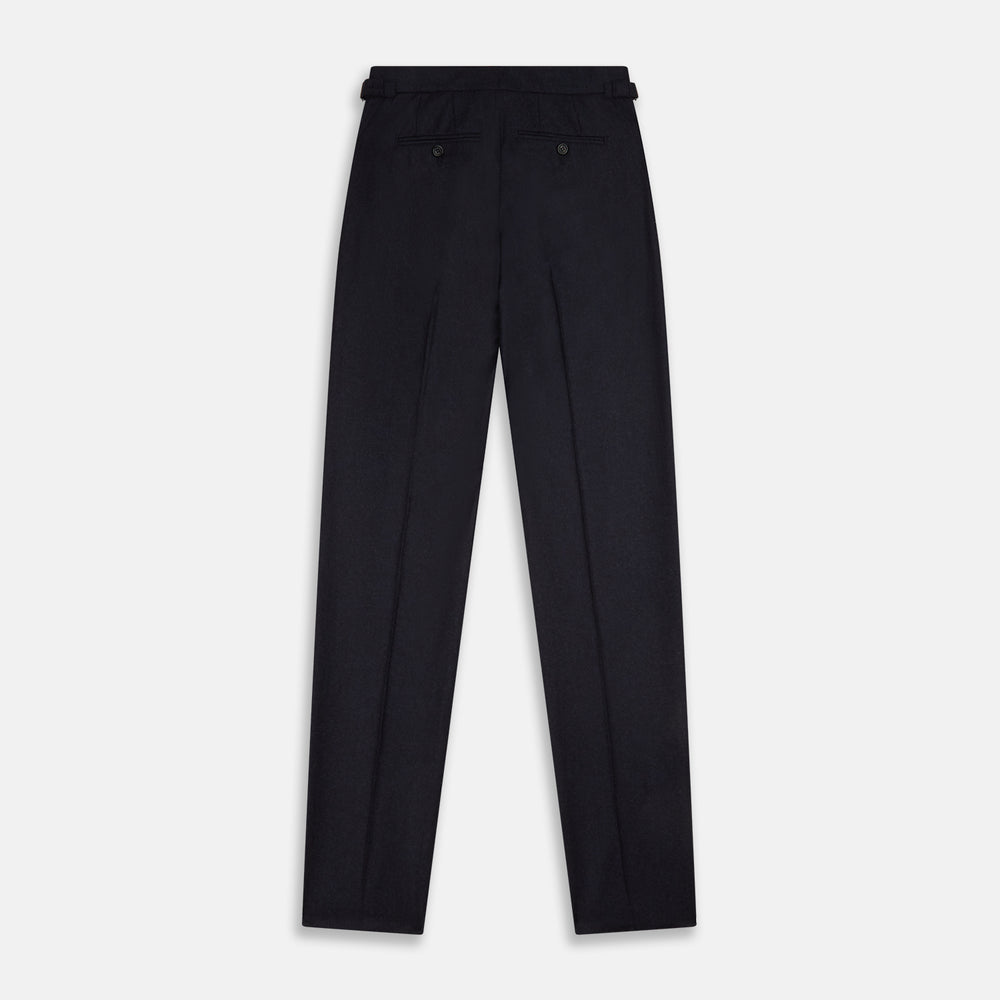 The Turnbull & Asser Navy Henry Trousers are tailored from a luxurious wool-cashmere blend, featuring front pleats, straight legs, and a button closure. Shown here laid flat on a white background.