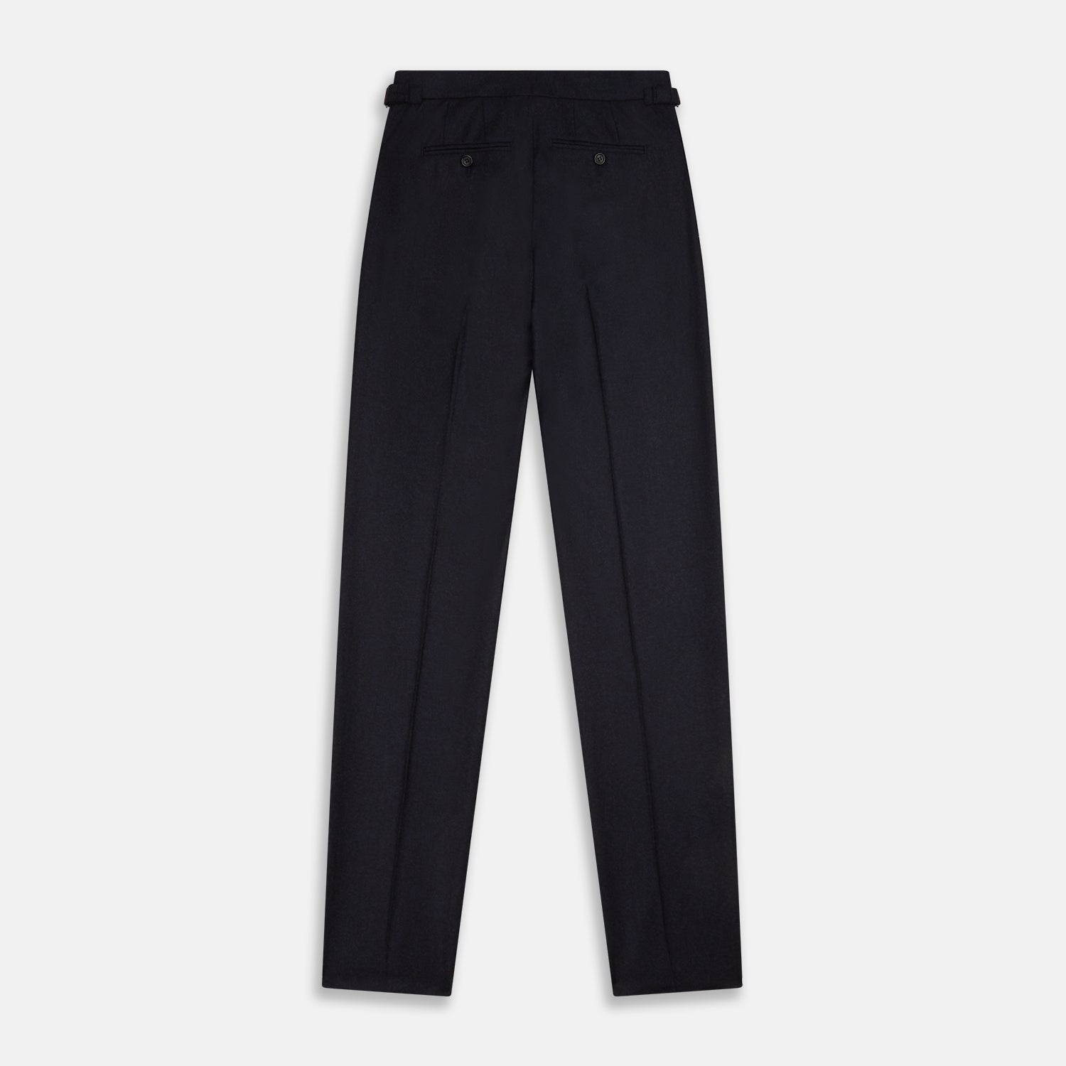 View 5 of product The Turnbull & Asser Navy Henry Trousers are tailored from a luxurious wool-cashmere blend, featuring front pleats, straight legs, and a button closure. Shown here laid flat on a white background.
