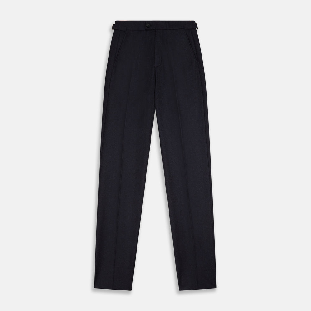 The Turnbull & Asser Navy Henry Trousers are tailored from a luxurious wool-cashmere blend, featuring front pleats, straight legs, and a button closure. Shown here laid flat on a white background.