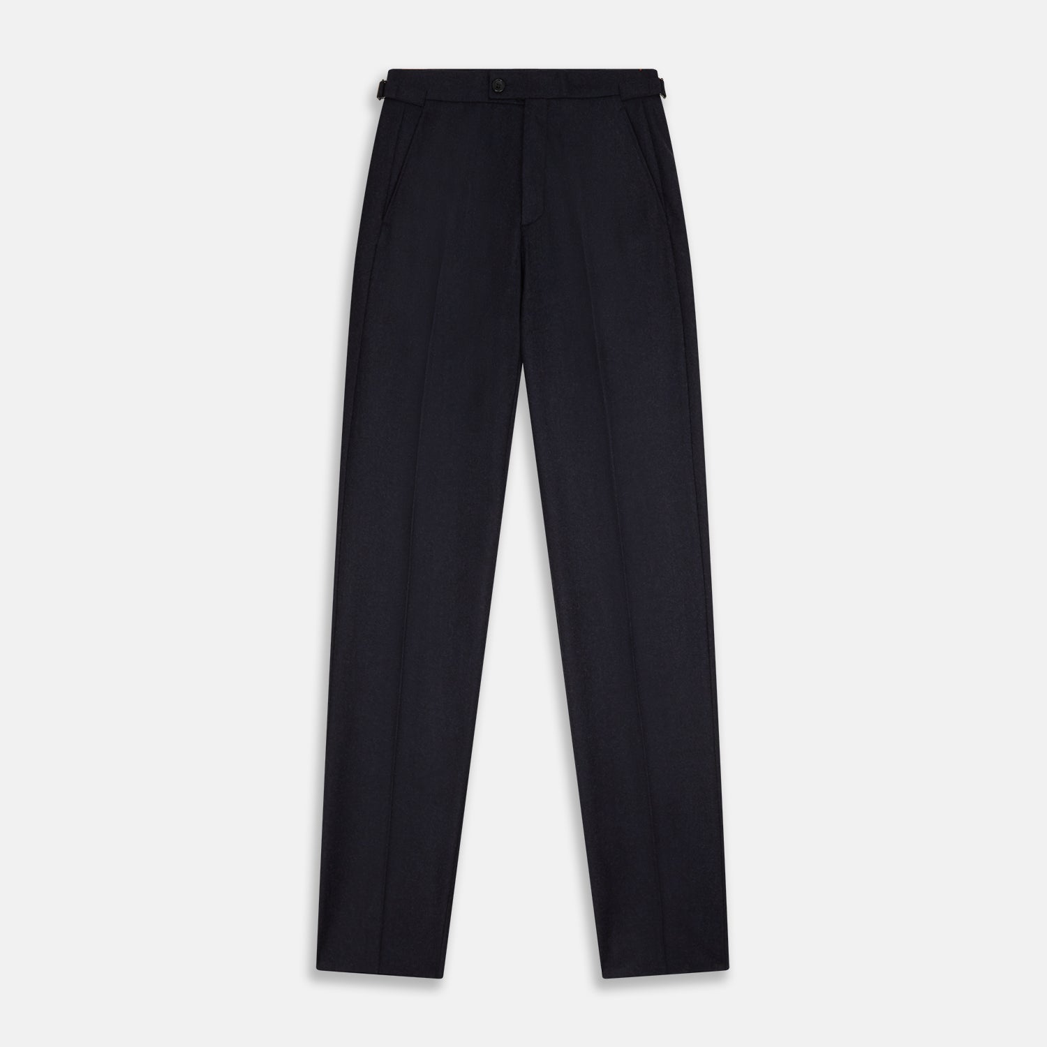 View 1 of product The Turnbull & Asser Navy Henry Trousers are tailored from a luxurious wool-cashmere blend, featuring front pleats, straight legs, and a button closure. Shown here laid flat on a white background.