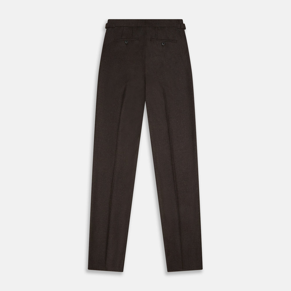 Turnbull & Asser Brown Henry Trousers in a tailored fit, crafted from a luxurious wool-cashmere blend with straight legs, front pleats, side pockets, and button closure, shown laid flat on a white background.