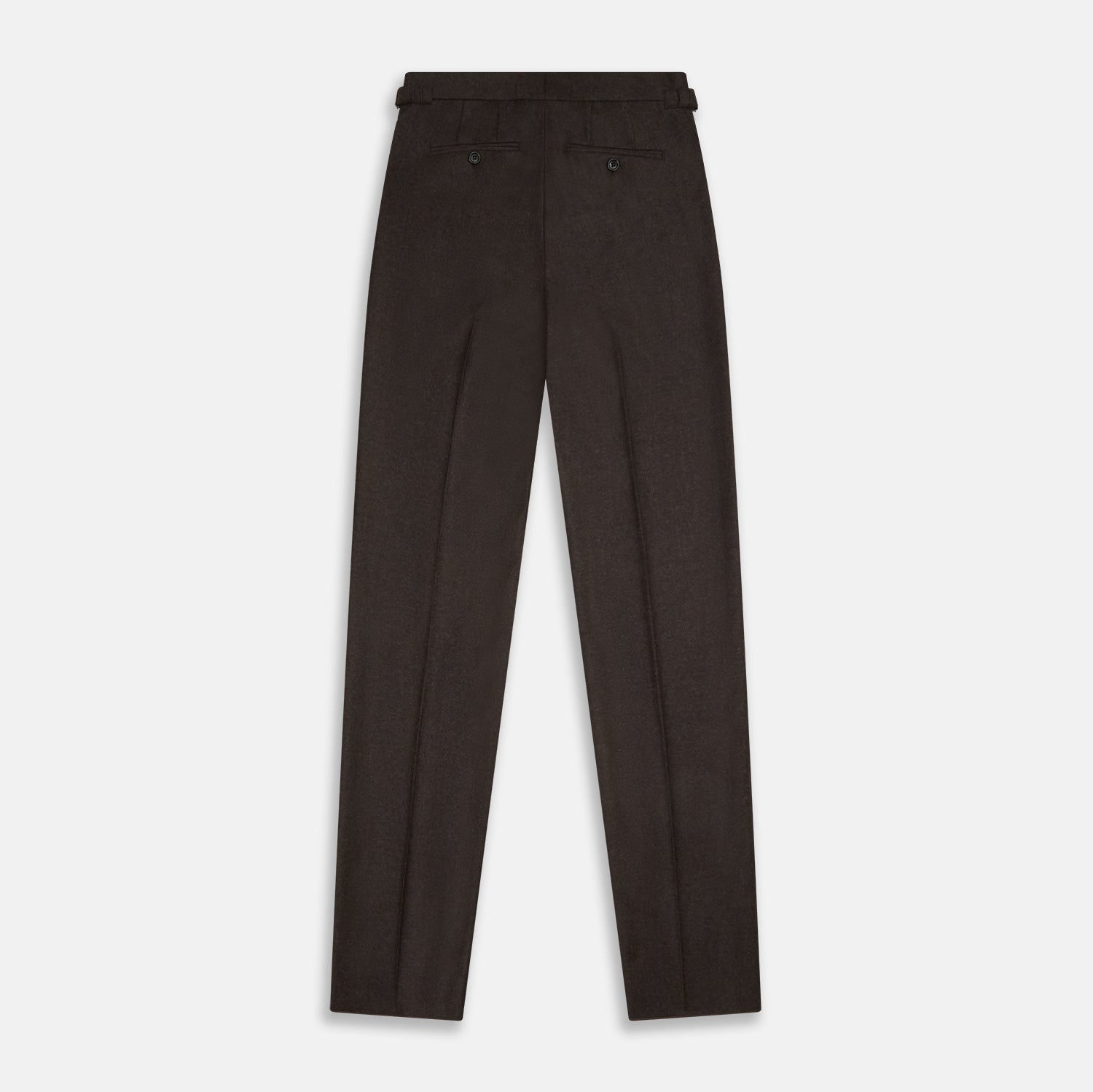 View 5 of product Turnbull & Asser Brown Henry Trousers in a tailored fit, crafted from a luxurious wool-cashmere blend with straight legs, front pleats, side pockets, and button closure, shown laid flat on a white background.