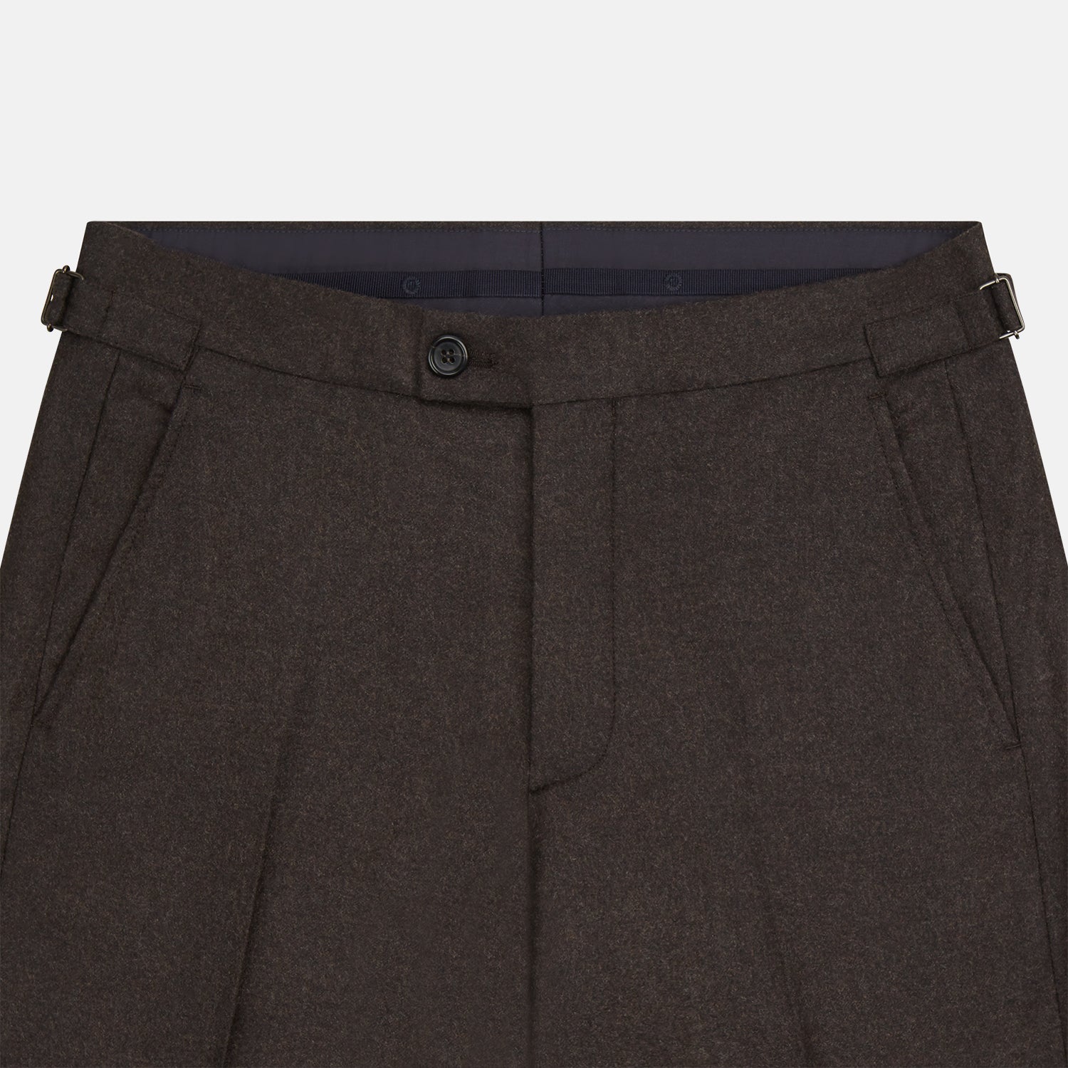 View 2 of product Turnbull & Asser Brown Henry Trousers in a tailored fit, crafted from a luxurious wool-cashmere blend with straight legs, front pleats, side pockets, and button closure, shown laid flat on a white background.