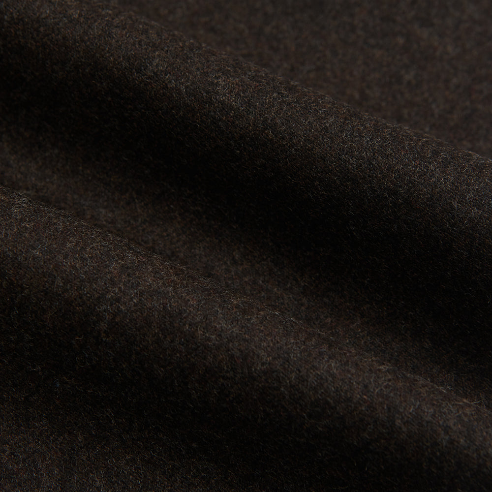 Turnbull & Asser Brown Henry Trousers in a tailored fit, crafted from a luxurious wool-cashmere blend with straight legs, front pleats, side pockets, and button closure, shown laid flat on a white background.