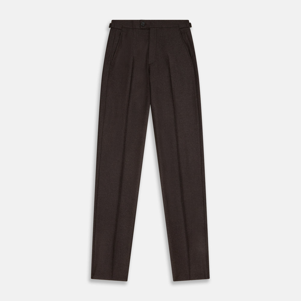 Turnbull & Asser Brown Henry Trousers in a tailored fit, crafted from a luxurious wool-cashmere blend with straight legs, front pleats, side pockets, and button closure, shown laid flat on a white background.