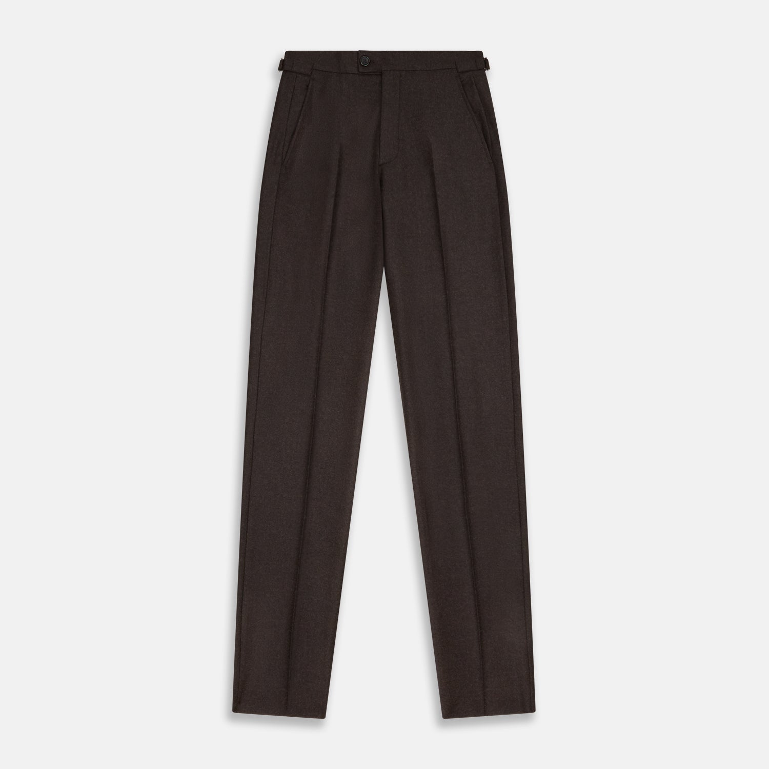 View 1 of product Turnbull & Asser Brown Henry Trousers in a tailored fit, crafted from a luxurious wool-cashmere blend with straight legs, front pleats, side pockets, and button closure, shown laid flat on a white background.