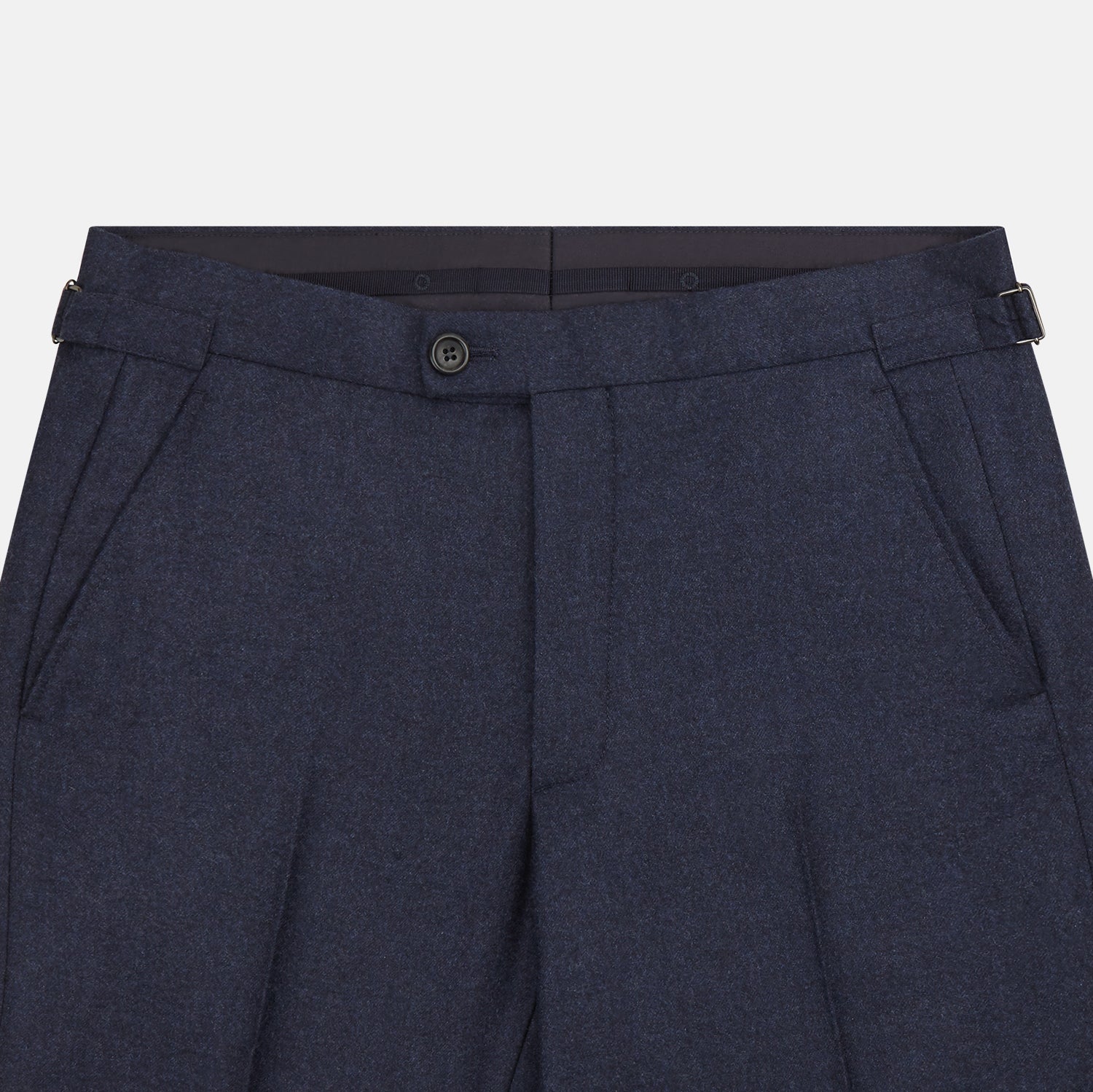 View 2 of product Turnbull & Asser’s Dark Blue Henry Trousers in a wool-cashmere blend feature a button closure, front pleats, and side pockets, shown laid flat on a white background.