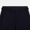 View 2 of product The Turnbull & Asser Midnight Blue Henry Trousers feature a tailored fit, button closure, belt loops, and front pleats in a luxurious wool-cashmere blend, shown against a plain white background.