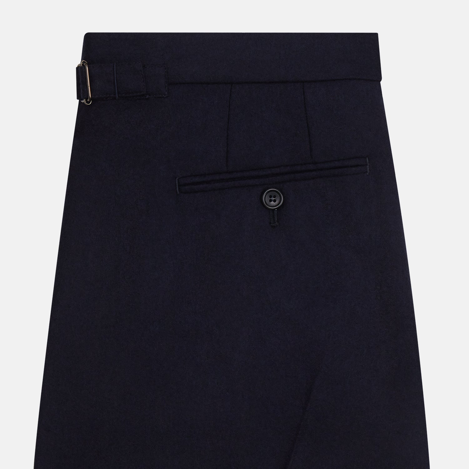 View 3 of product The Turnbull & Asser Midnight Blue Henry Trousers feature a tailored fit, button closure, belt loops, and front pleats in a luxurious wool-cashmere blend, shown against a plain white background.