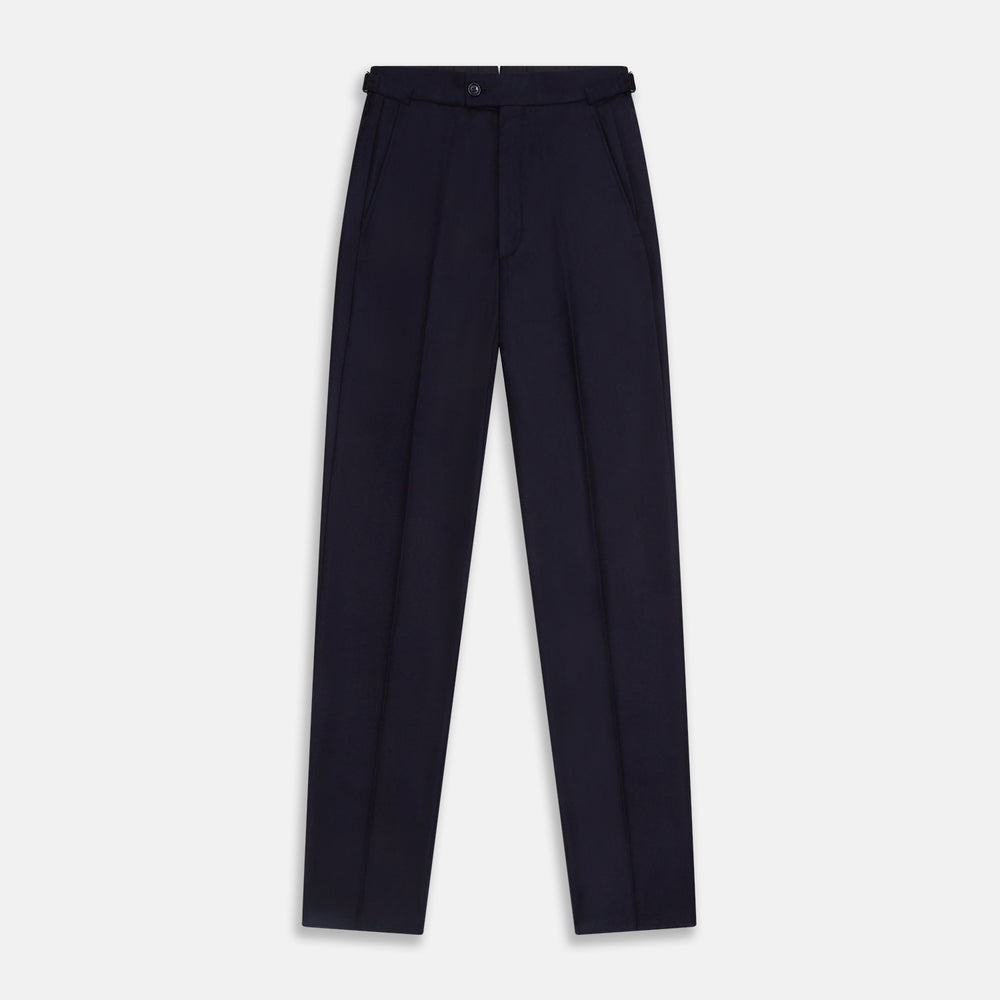 The Turnbull & Asser Midnight Blue Henry Trousers feature a tailored fit, button closure, belt loops, and front pleats in a luxurious wool-cashmere blend, shown against a plain white background.