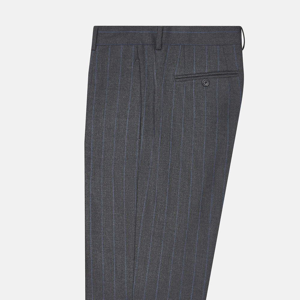 Turnbull & Asser Grey Pinstripe Rupert Trousers featuring vertical white pinstripes, belt loops, side pockets, and a front button and zipper closure, shown on a plain white background.