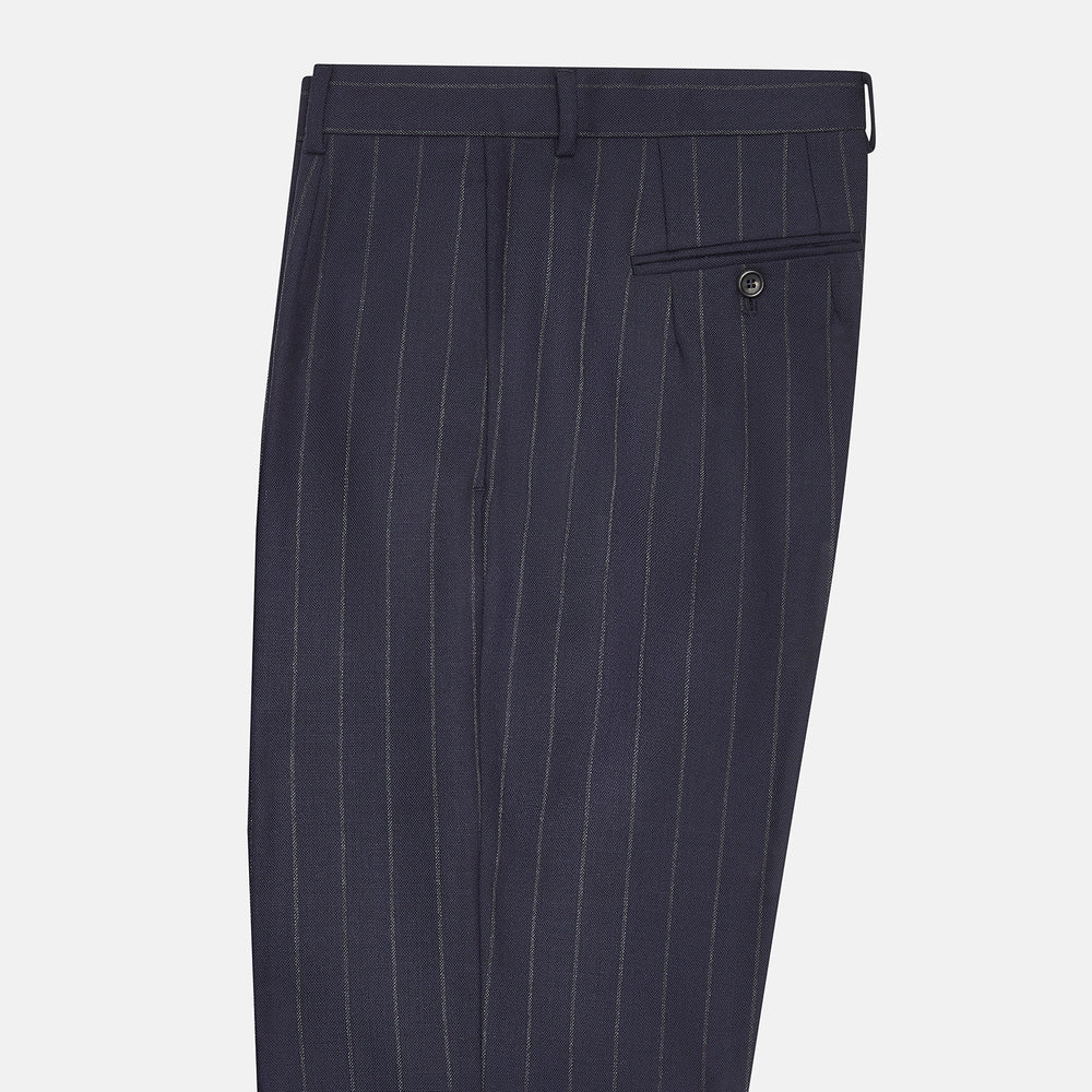 Turnbull & Asser Navy Pinstripe Rupert Trousers, crafted from fine Italian wool with a straight-leg fit, belt loops, side pockets, and front button closure, are displayed on a plain white background.
