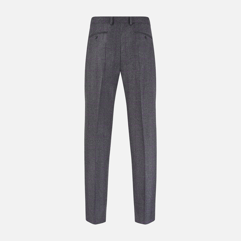 Turnbull & Asser Charcoal and Purple Check Rupert Trousers feature a tailored fit, belt loops, front crease, and button closure, shown on a plain white background.