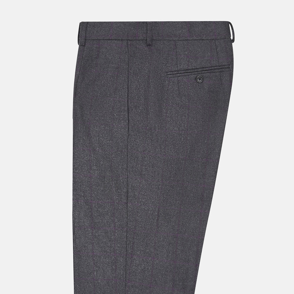 Turnbull & Asser Charcoal and Purple Check Rupert Trousers feature a tailored fit, belt loops, front crease, and button closure, shown on a plain white background.