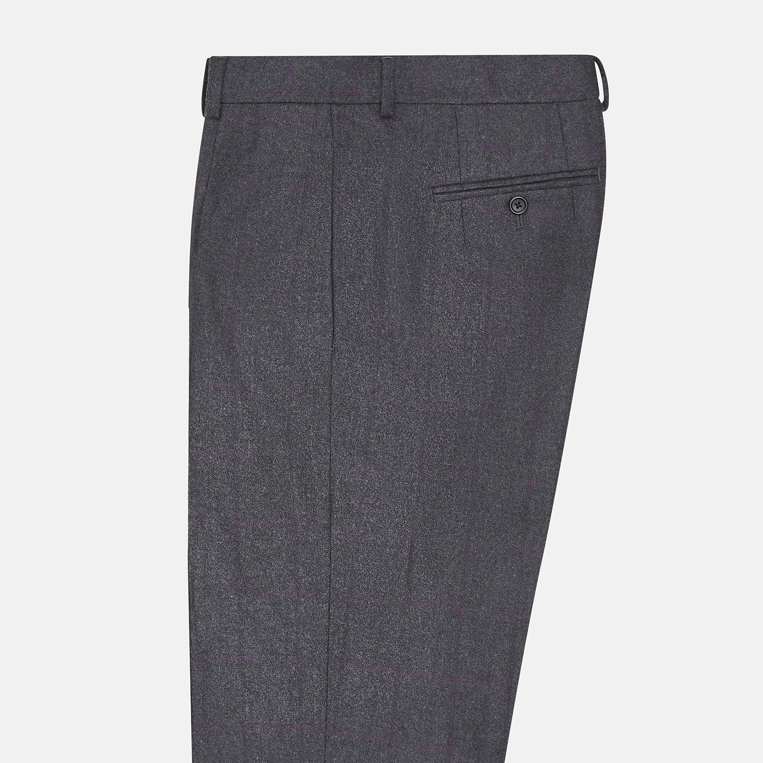 View 4 of product Turnbull & Asser Charcoal and Purple Check Rupert Trousers feature a tailored fit, belt loops, front crease, and button closure, shown on a plain white background.