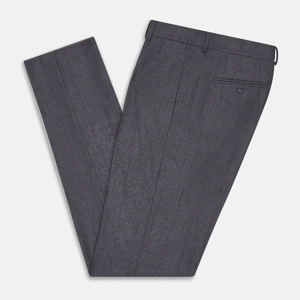 Turnbull & Asser Charcoal and Purple Check Rupert Trousers feature a tailored fit, belt loops, front crease, and button closure, shown on a plain white background.