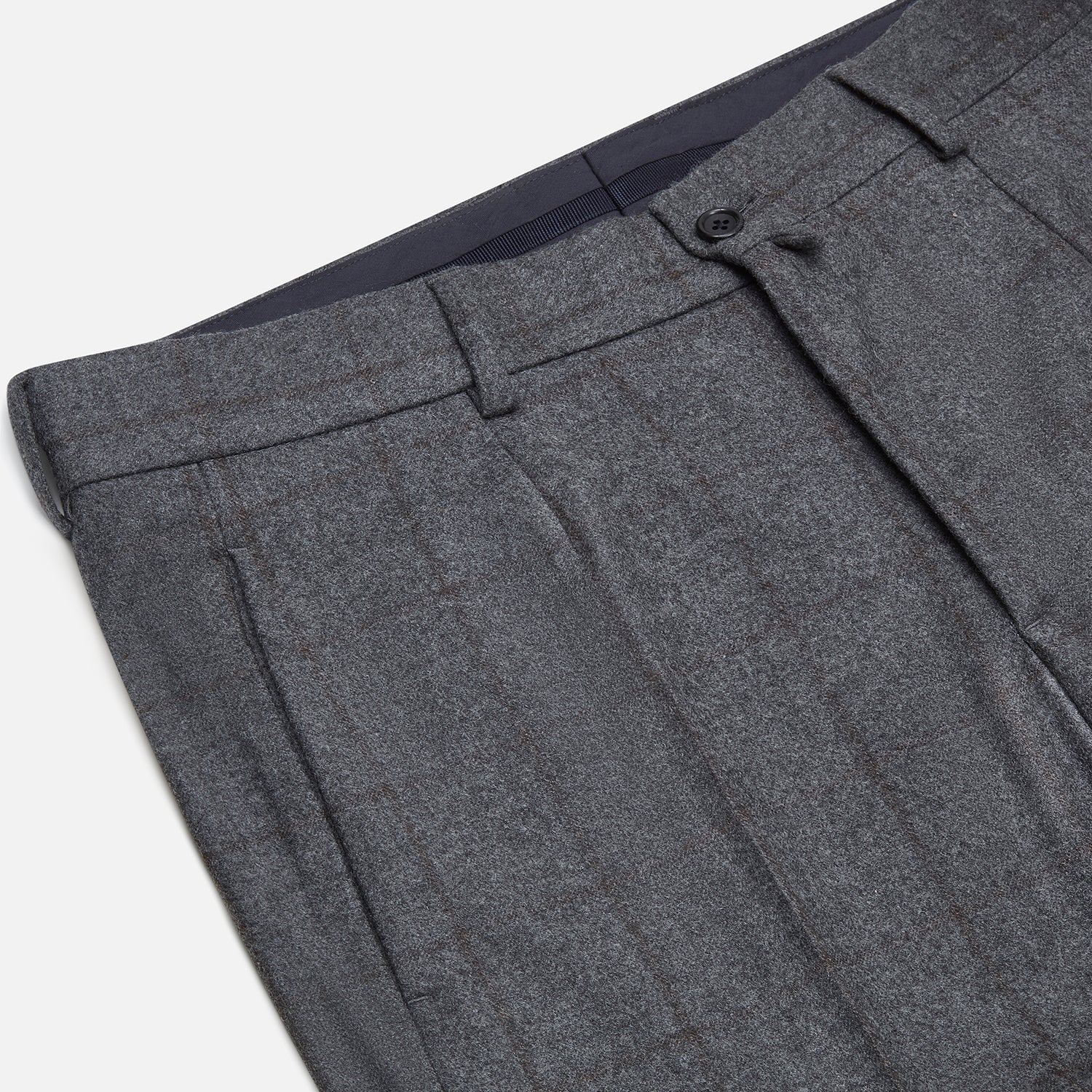 View 2 of product Turnbull & Asser's Grey and Brown Check Rupert Trousers, crafted from a luxurious wool-cashmere blend with front button and zip closure, belt loops, and straight legs, are displayed against a plain white background.