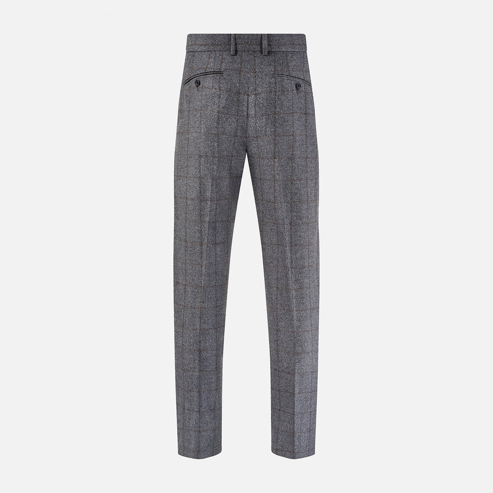 Turnbull & Asser's Grey and Brown Check Rupert Trousers, crafted from a luxurious wool-cashmere blend with front button and zip closure, belt loops, and straight legs, are displayed against a plain white background.