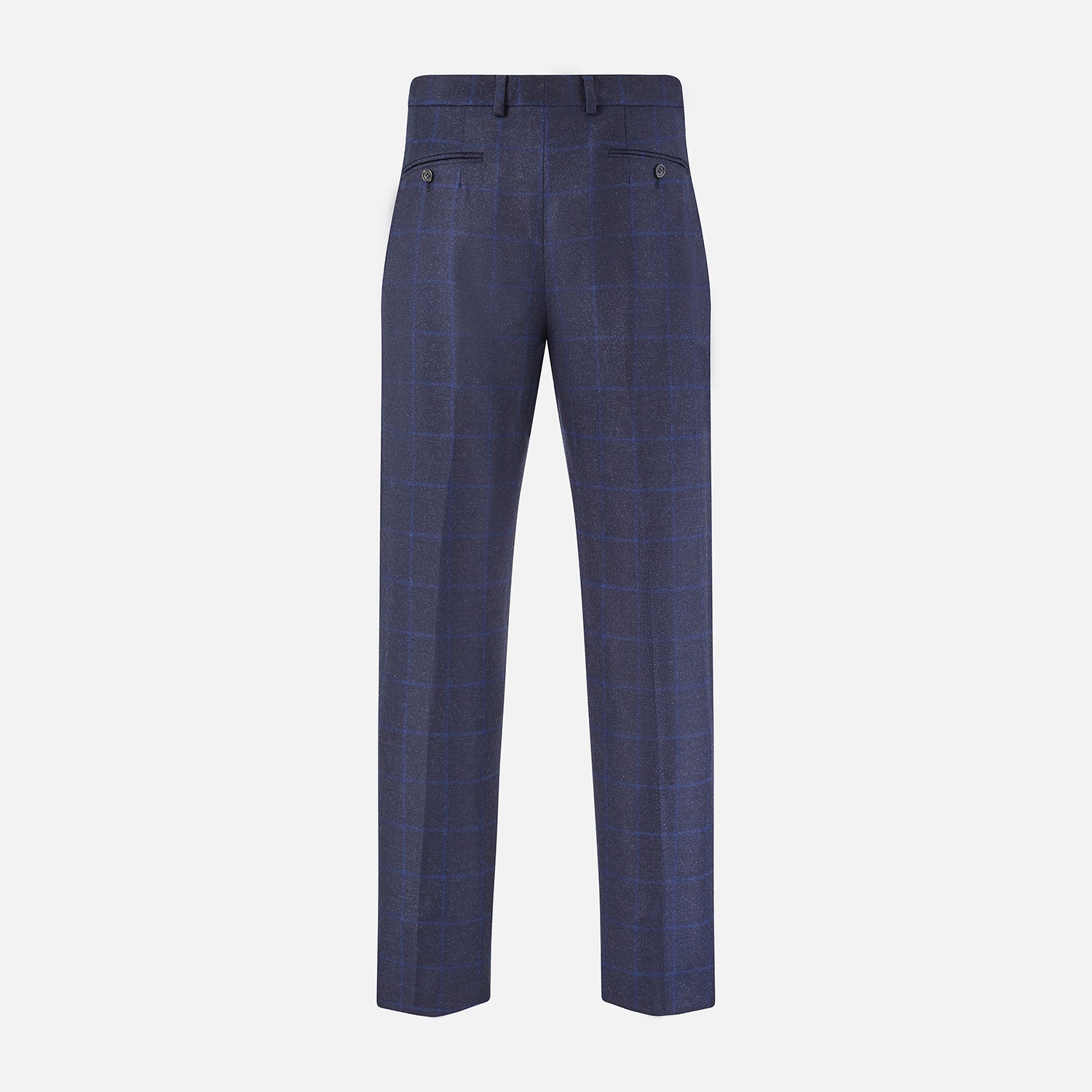 View 3 of product Turnbull & Asser Blue Checked Navy Rupert Trousers, crafted from a premium wool-cashmere blend, feature a subtle Prince of Wales check, belt loops, button closure, and straight legs. Shown on a plain white background.
