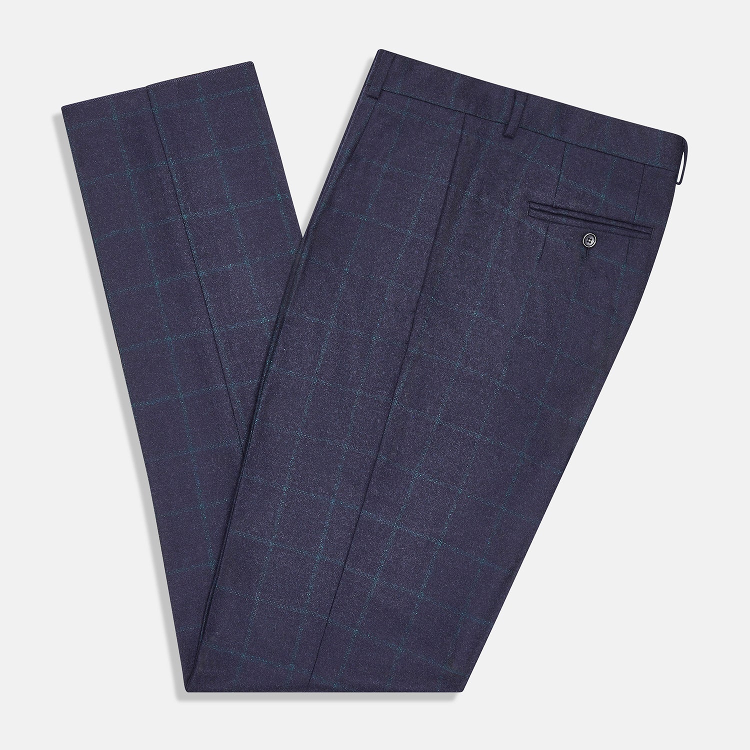 View 5 of product Turnbull & Asser’s Midnight and Green Check Rupert Trousers feature front pleats, belt loops, a button closure, and are finely crafted from wool and cashmere, shown against a plain white background.