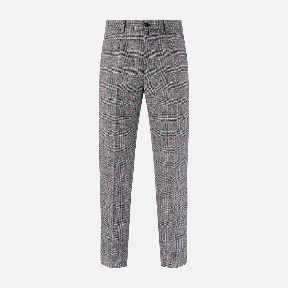 Turnbull & Asser's Grey and Red Check Rupert Trousers feature a tailored fit, straight-leg design, subtle red Prince of Wales check, and front button with zipper closure, displayed against a plain white background.