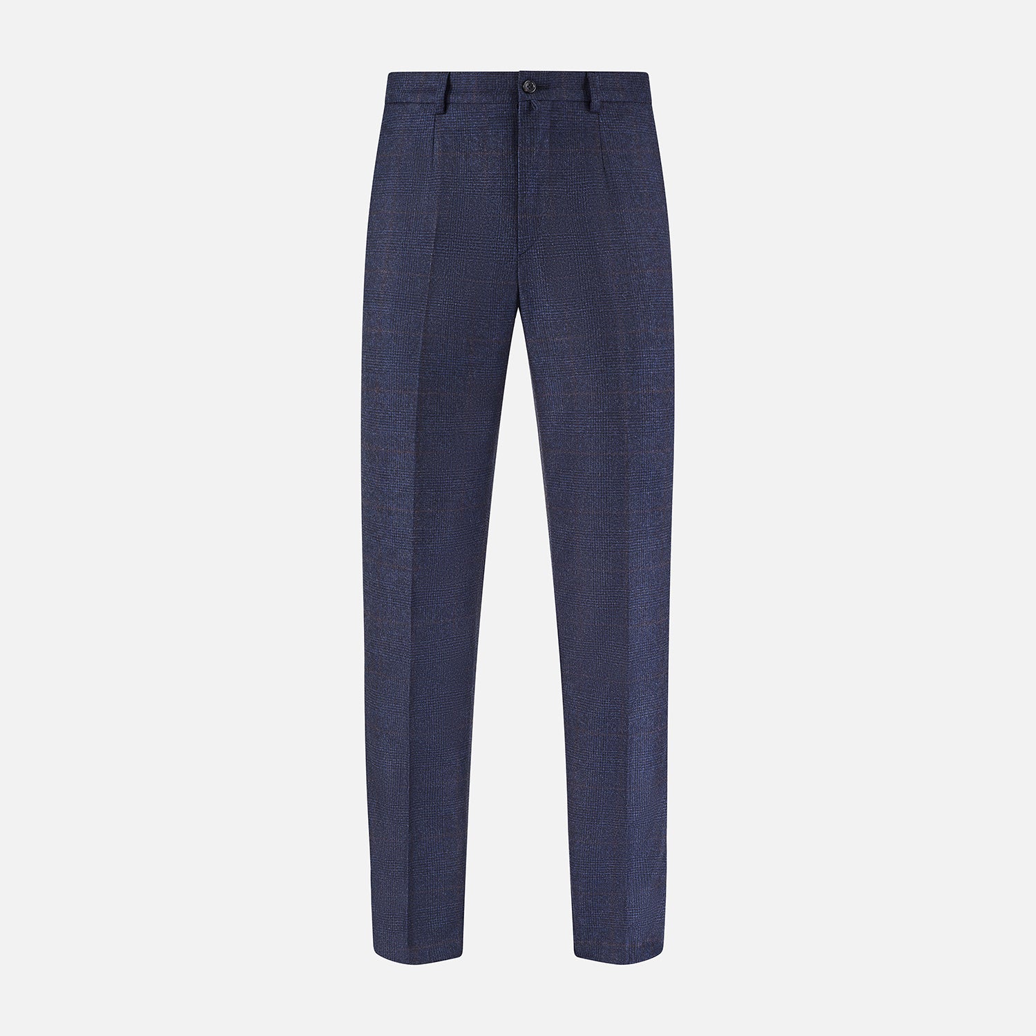 View 1 of product Turnbull & Asser Navy and Brown Check Rupert Trousers with button and zipper closure, belt loops, straight-leg fit, pressed front creases, and a subtle check pattern in a wool-cashmere blend. Shown on a plain white background.