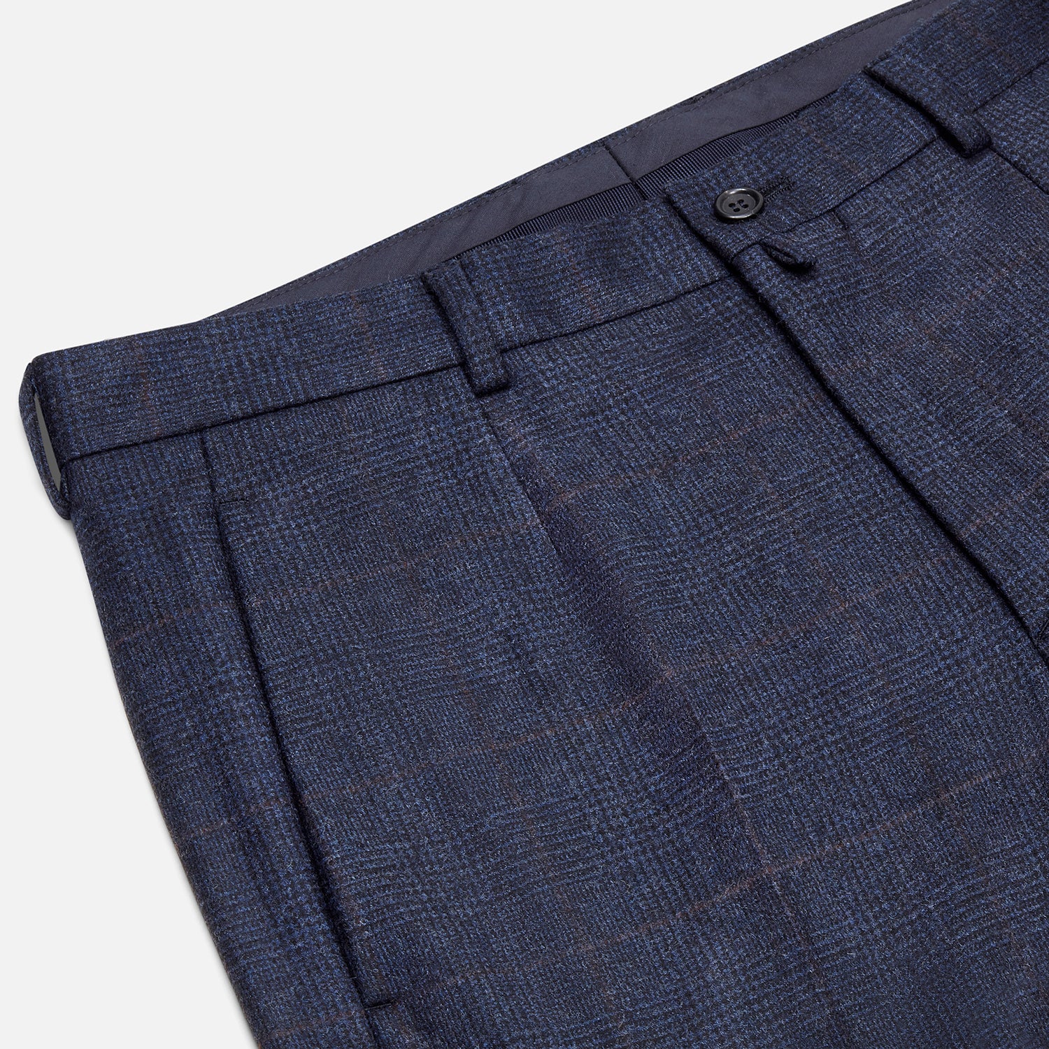 View 2 of product Turnbull & Asser Navy and Brown Check Rupert Trousers with button and zipper closure, belt loops, straight-leg fit, pressed front creases, and a subtle check pattern in a wool-cashmere blend. Shown on a plain white background.