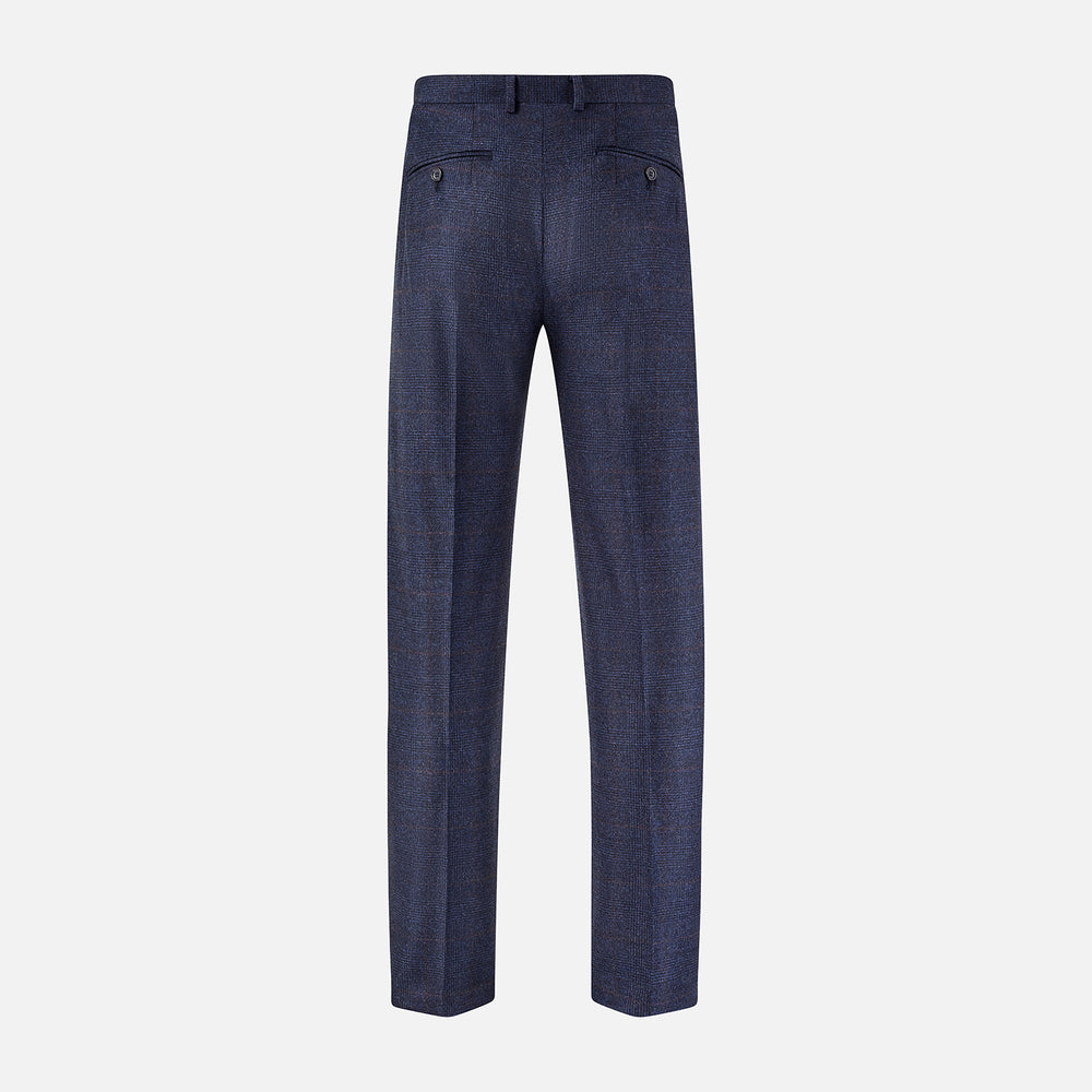 Turnbull & Asser Navy and Brown Check Rupert Trousers with button and zipper closure, belt loops, straight-leg fit, pressed front creases, and a subtle check pattern in a wool-cashmere blend. Shown on a plain white background.