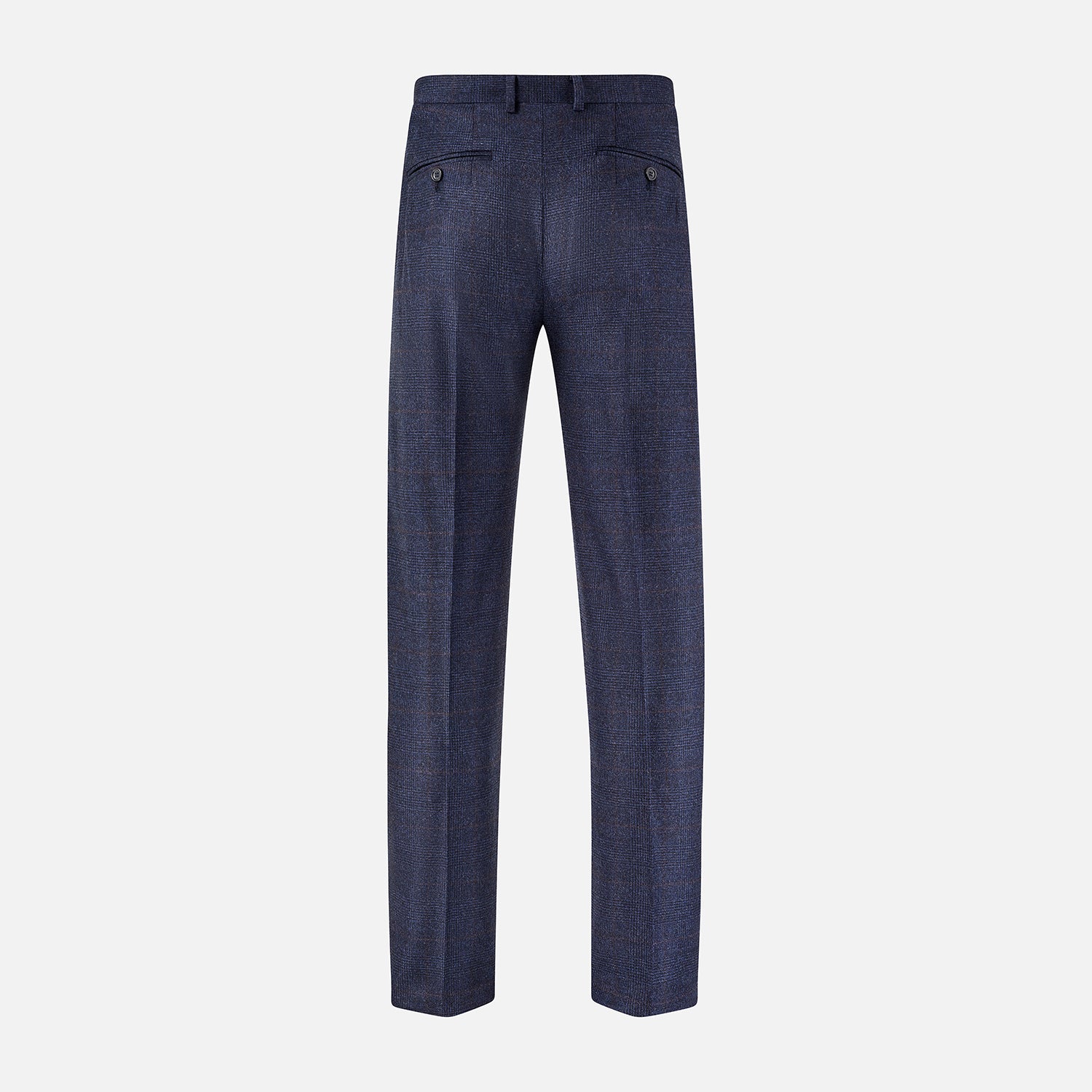 View 3 of product Turnbull & Asser Navy and Brown Check Rupert Trousers with button and zipper closure, belt loops, straight-leg fit, pressed front creases, and a subtle check pattern in a wool-cashmere blend. Shown on a plain white background.