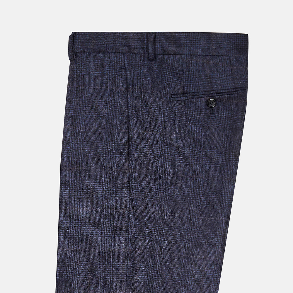 Turnbull & Asser Navy and Brown Check Rupert Trousers with button and zipper closure, belt loops, straight-leg fit, pressed front creases, and a subtle check pattern in a wool-cashmere blend. Shown on a plain white background.