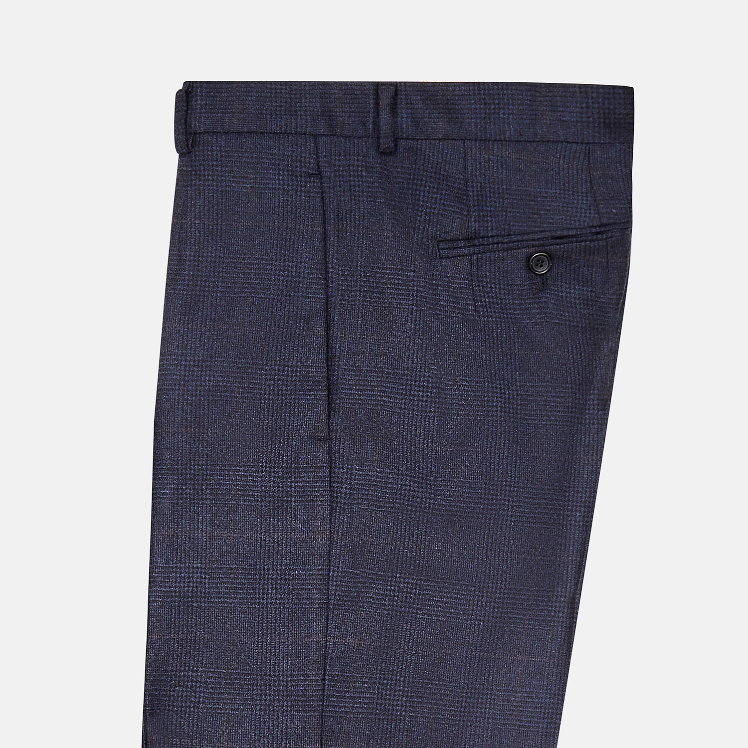 View 4 of product Turnbull & Asser Navy and Brown Check Rupert Trousers with button and zipper closure, belt loops, straight-leg fit, pressed front creases, and a subtle check pattern in a wool-cashmere blend. Shown on a plain white background.