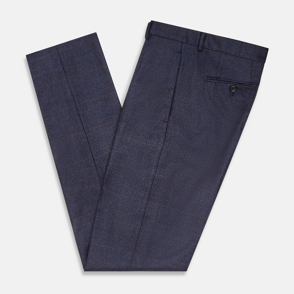 Turnbull & Asser Navy and Brown Check Rupert Trousers with button and zipper closure, belt loops, straight-leg fit, pressed front creases, and a subtle check pattern in a wool-cashmere blend. Shown on a plain white background.