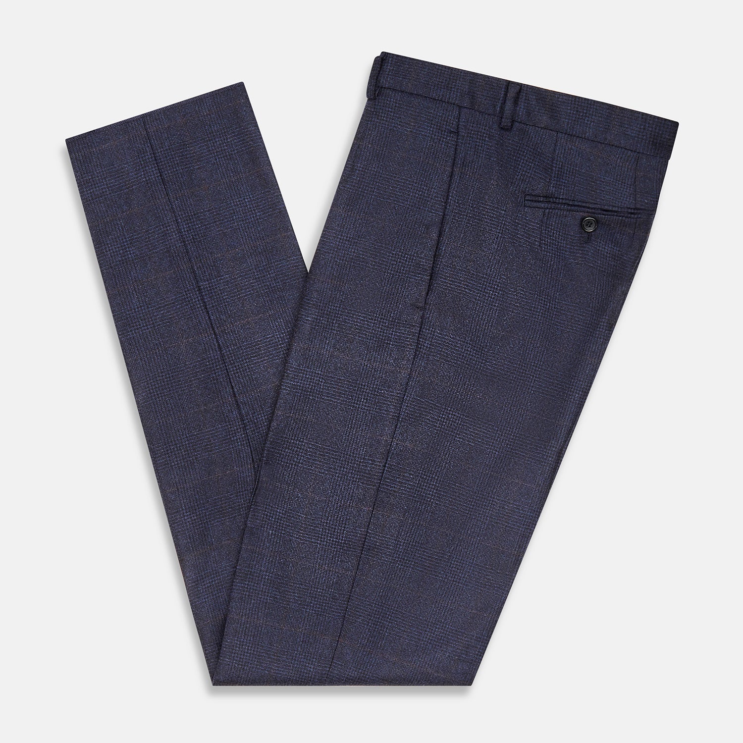 View 5 of product Turnbull & Asser Navy and Brown Check Rupert Trousers with button and zipper closure, belt loops, straight-leg fit, pressed front creases, and a subtle check pattern in a wool-cashmere blend. Shown on a plain white background.