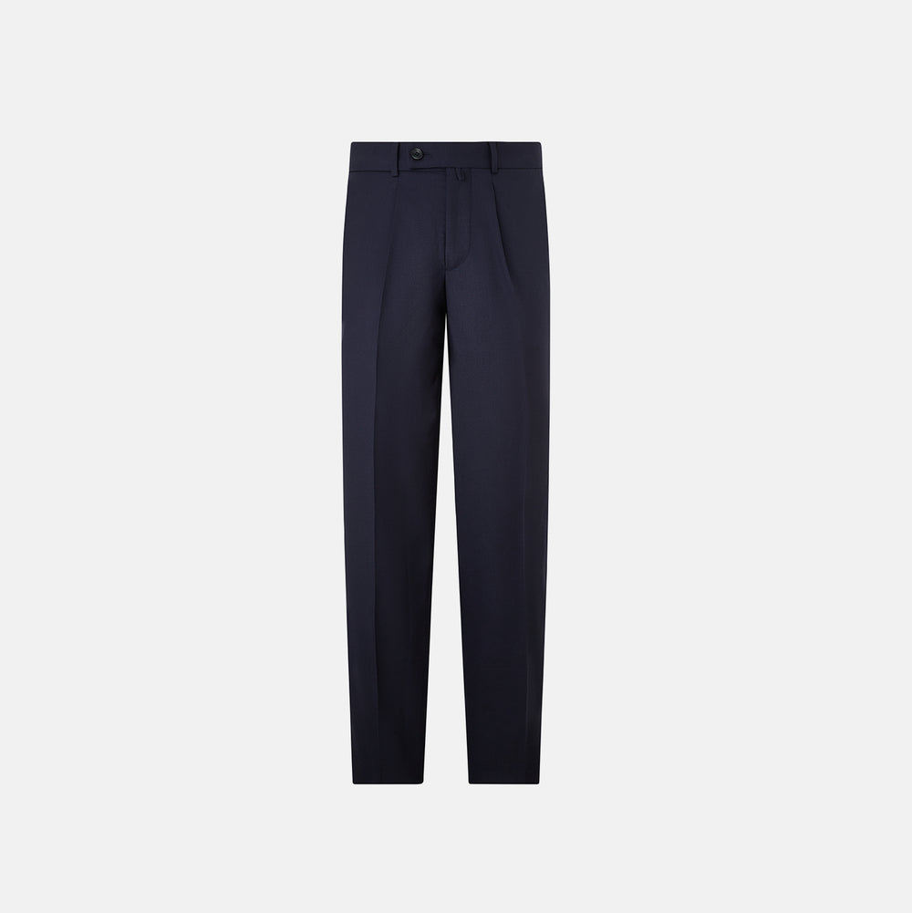 Turnbull & Asser UK Edward Navy Pleated Trousers in Wool Gabardine featuring a button closure, pleated front, and sharp pressed creases.