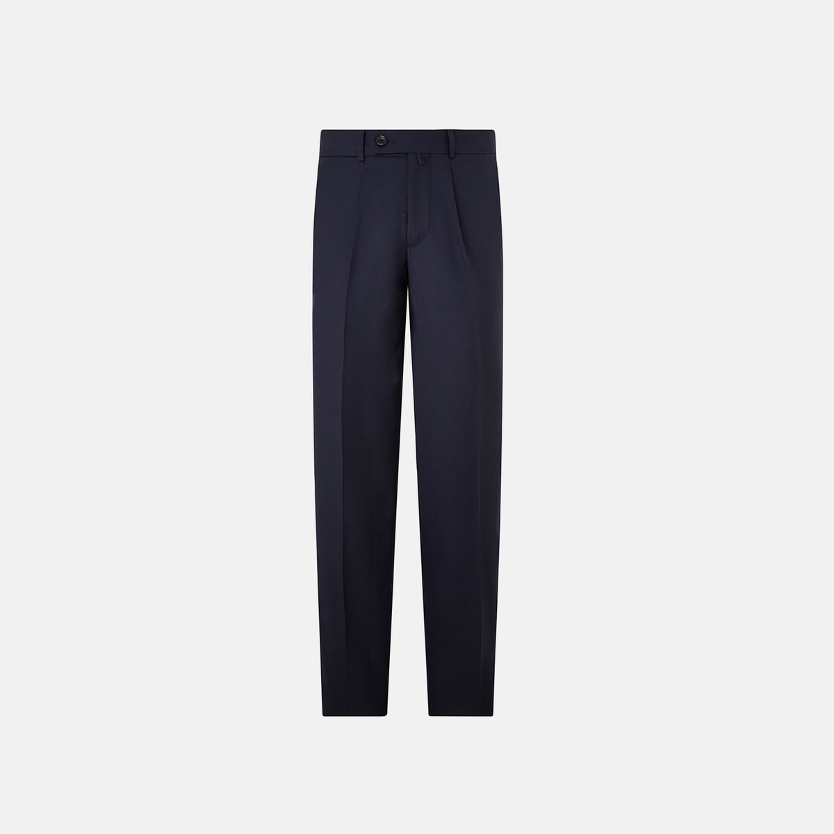 View 1 of product Turnbull & Asser UK Edward Navy Pleated Trousers in Wool Gabardine featuring a button closure, pleated front, and sharp pressed creases.