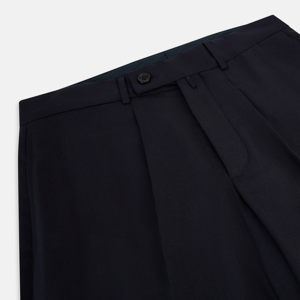 Turnbull & Asser UK Edward Navy Pleated Trousers in Wool Gabardine featuring a button closure, pleated front, and sharp pressed creases.