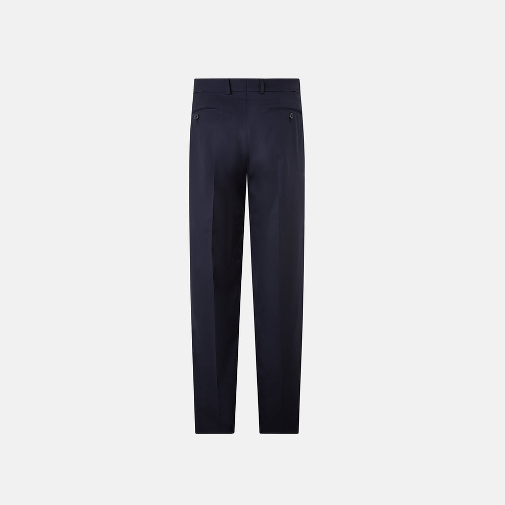 Turnbull & Asser UK Edward Navy Pleated Trousers in Wool Gabardine featuring a button closure, pleated front, and sharp pressed creases.