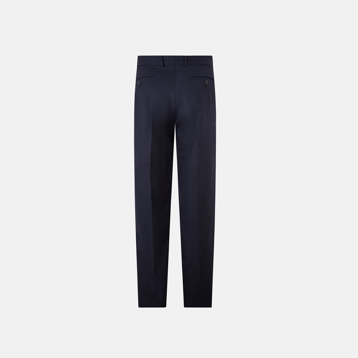 View 3 of product Turnbull & Asser UK Edward Navy Pleated Trousers in Wool Gabardine featuring a button closure, pleated front, and sharp pressed creases.