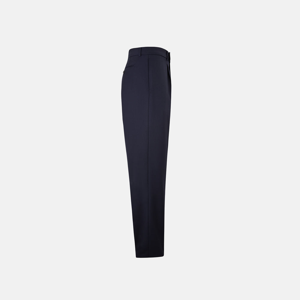 Turnbull & Asser UK Edward Navy Pleated Trousers in Wool Gabardine featuring a button closure, pleated front, and sharp pressed creases.