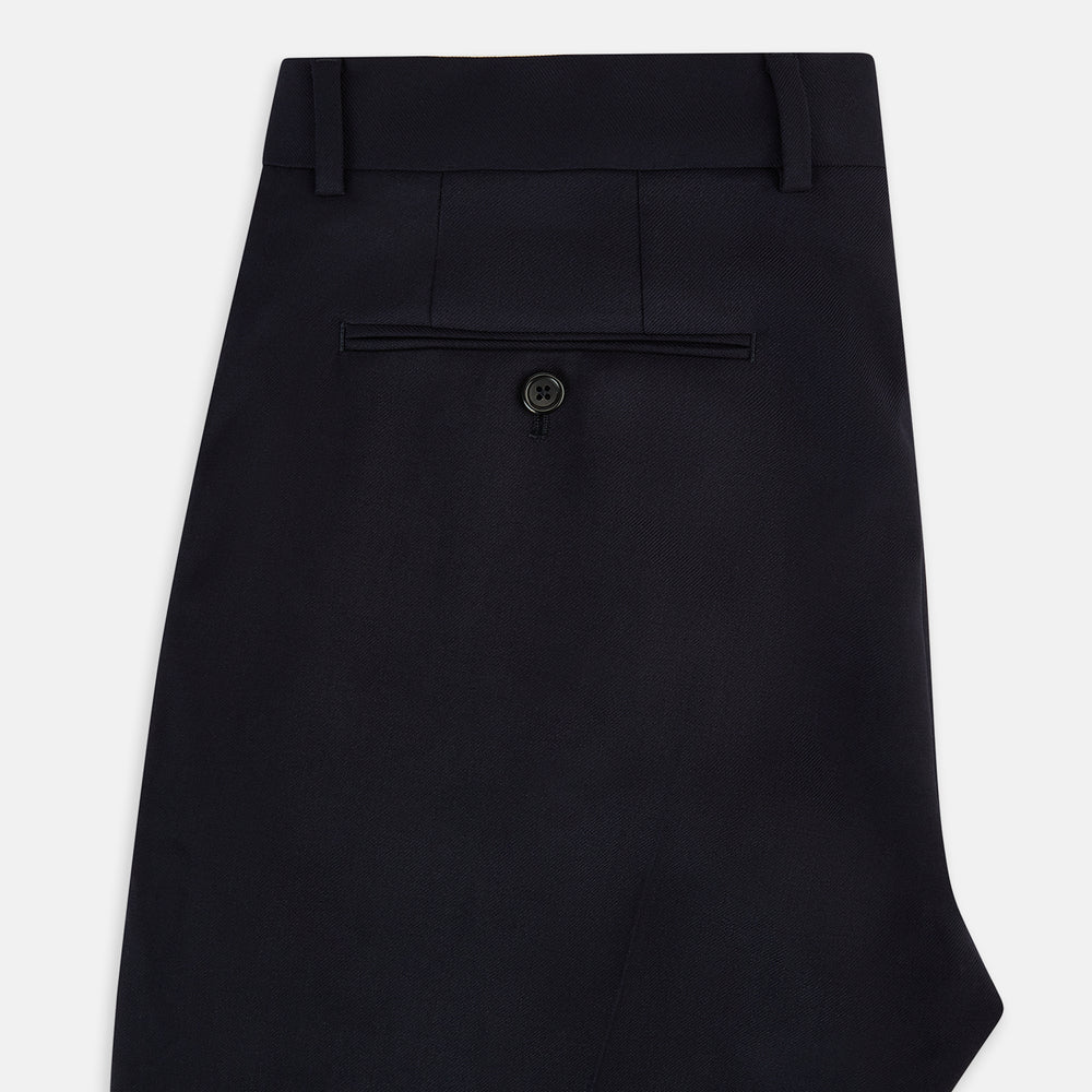 Turnbull & Asser UK Edward Navy Pleated Trousers in Wool Gabardine featuring a button closure, pleated front, and sharp pressed creases.