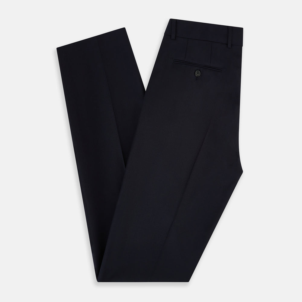 Turnbull & Asser UK Edward Navy Pleated Trousers in Wool Gabardine featuring a button closure, pleated front, and sharp pressed creases.